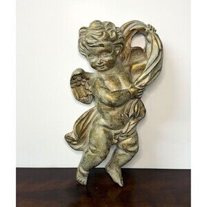 Cherub Angel Wall Decor Gold Ivory Putto Drapery Hanging 10” Figurine